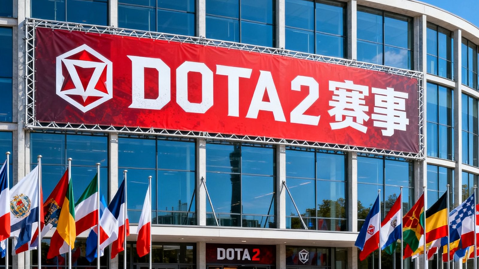 柏林Major比赛场馆外观，现代主义建筑外墙上悬挂着巨大的DOTA2赛事横幅，各国国旗在入口处迎风飘扬